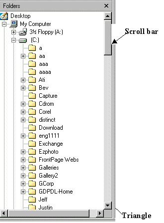 Sliding bar at the right side of the screen. Sliding bar at the bottom of the screen. Arrows at the ends of each bar move the bar up and down are left and right.